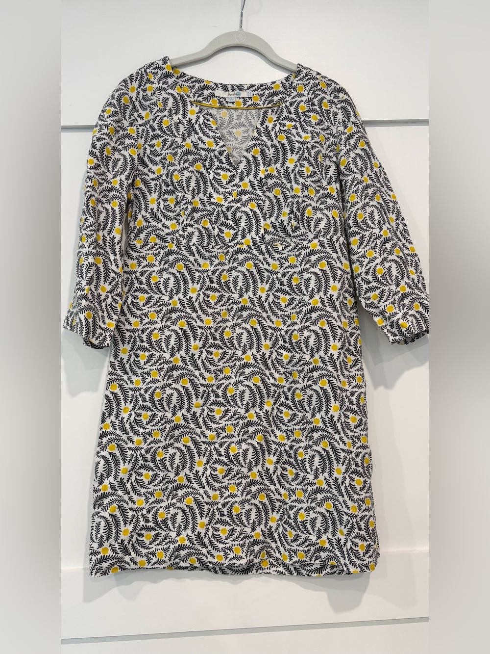 Boden Navy and White Midi Dress with Yellow Dot Accents
